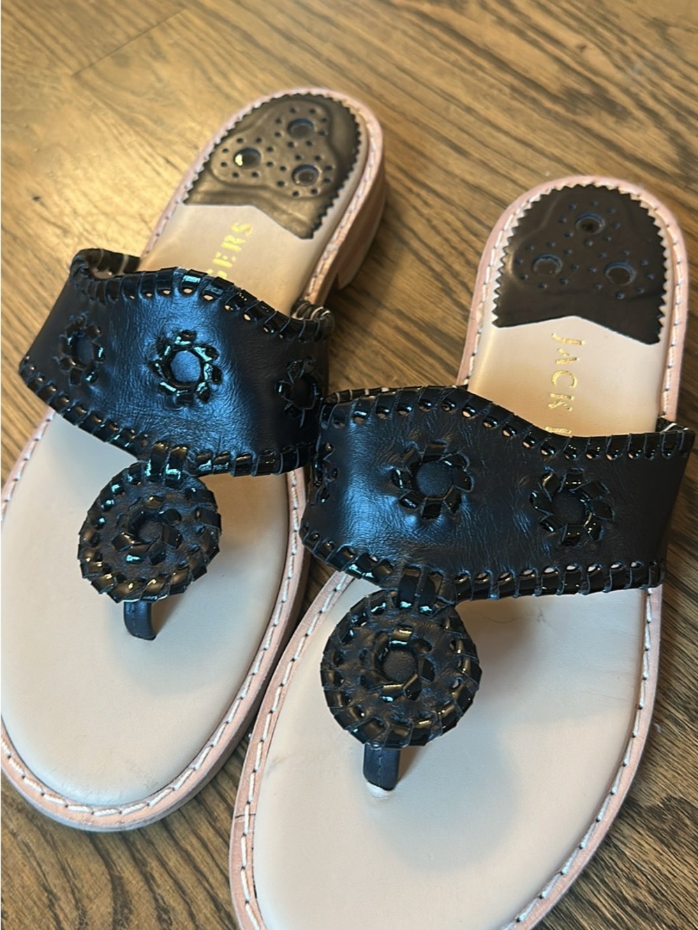 Jack Rogers Black Leather Slide Sandal with Signature Rondelle